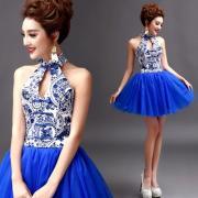 Sexy neck hung small formal attire of blue and white porcelain brief paragraph blue evening wear qipao