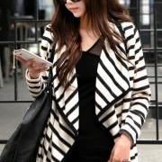 New Style Woman Long Sleeve Stripe Cotton Coat