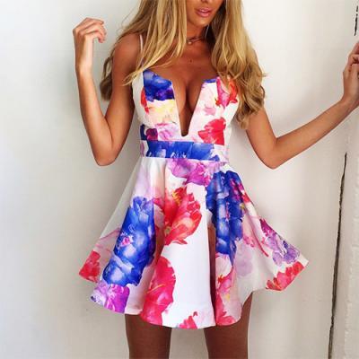 Sexy Low-Cut V-Neck Floral Print Sling Dress 