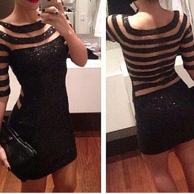 Sequined Black Stripes Tight Dress