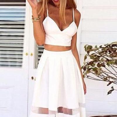 Two piece white crop top and midi skirt