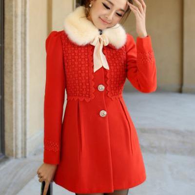 High Quality Woolen Coats With Fur Neck- Red