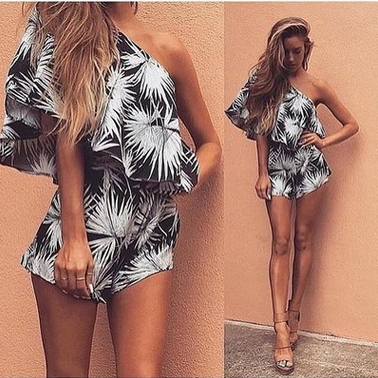 Summer dress sexy coconut trees printed word maxillary inclined shoulder jumpsuits TY