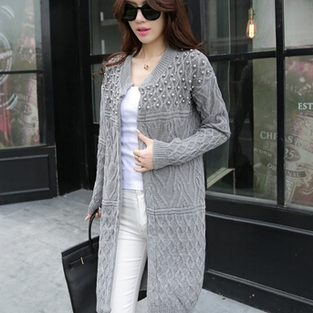 Gamiss Women Long Cardigan 2016 Autumn Bead Pearl Long Knitted Sweaters Outwear Long-Sleeve Casual Loose Female Sweater Cardigan