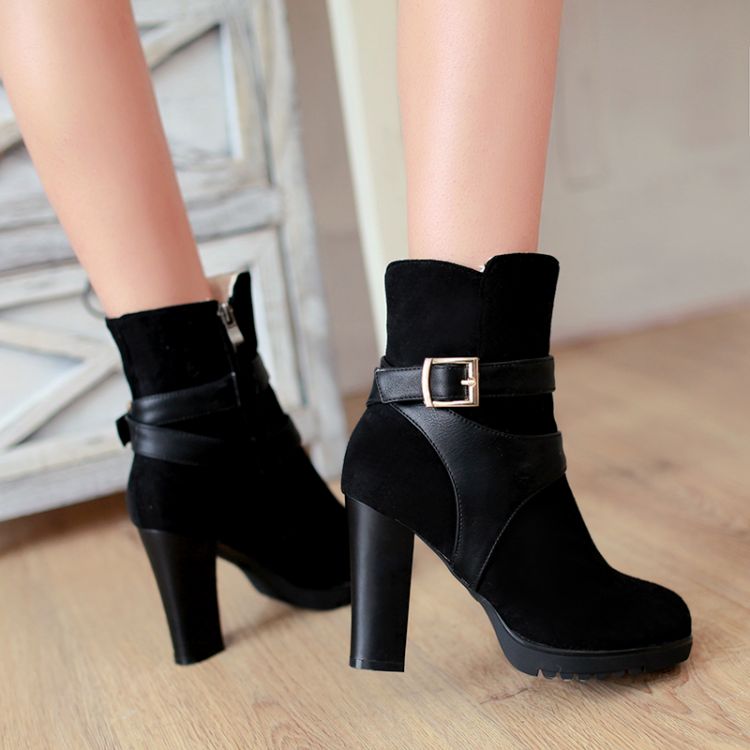 Winter Round Toe Chunky High Heel Black Boots on Luulla