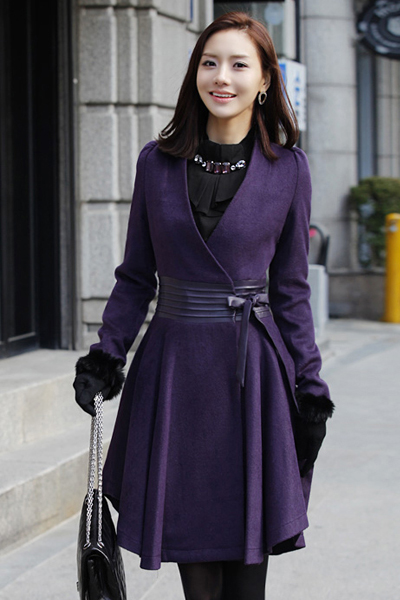 Beautiful V Neck Purple Woolen Winter Coat on Luulla