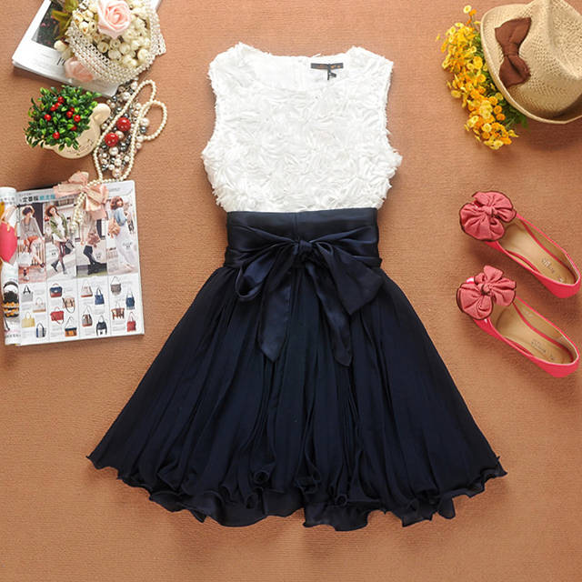 Stylish High Quality White And Roal Blue Party Dress With Bow, Lovely
