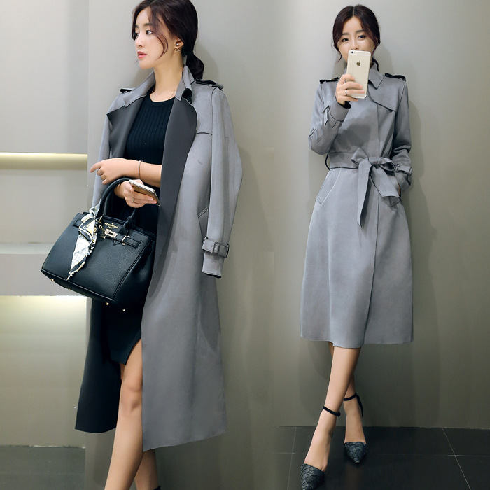 Grey Suede Plus Size Long Trench Coat For Women OL Fashion Windbreaker ...