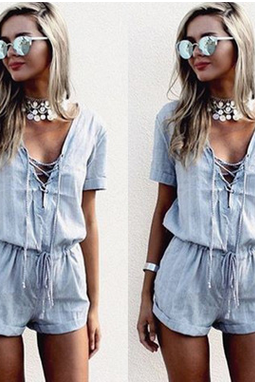 Shallow Blue V-neck Sexy Lace-up Jumpsuits Ty