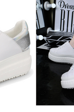White Faux Leather Platform Sneakers With Metallic Detailing