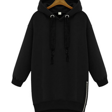 Black Hooded Long Cuffed Sleeves Oversized Pullover Featuring Side ...