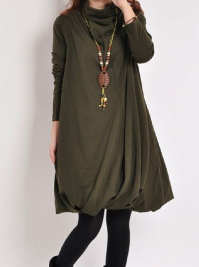 Casual Long Sleeve Loose Dress In Black And Army Green on Luulla