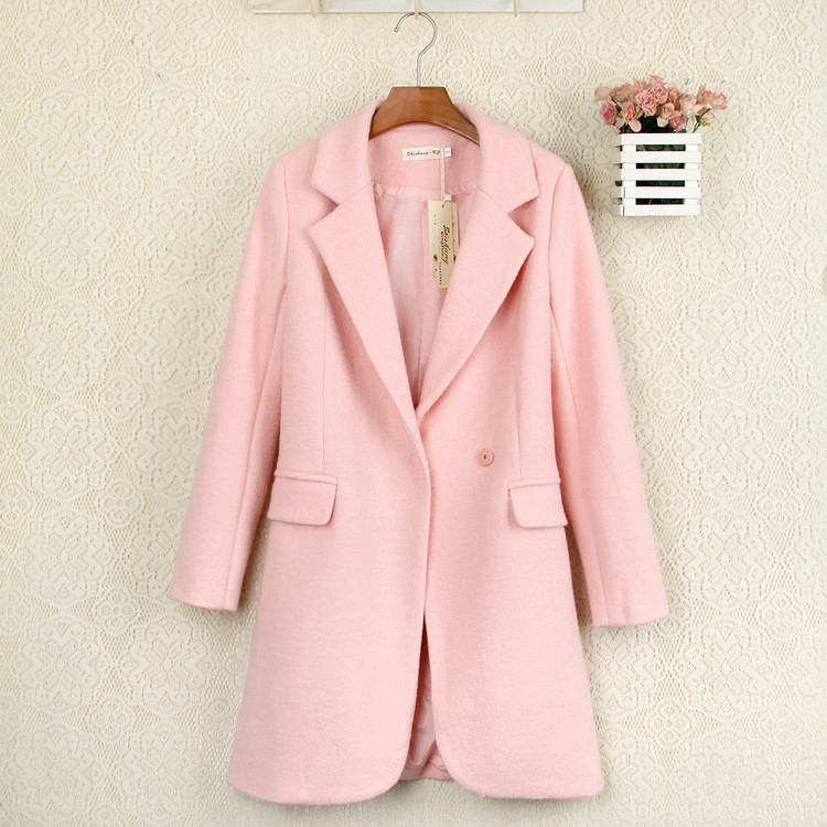 Trendy Pink Wool Coat Woolen Blazer Style Jacket Women Winter Outerwear